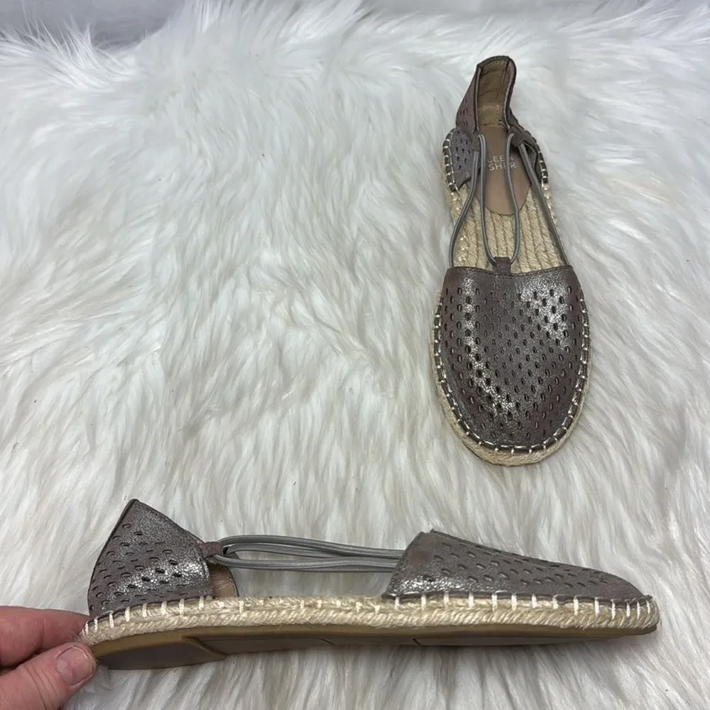 Eileen Fisher Bronze Perforated Leather‎ Espadrille Shoes with Woven Design Sz 6